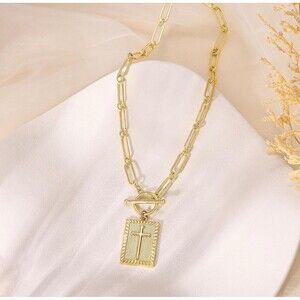 Scripture Cross Necklace, Chunky Gold rectangle cross charm, paperclip chain